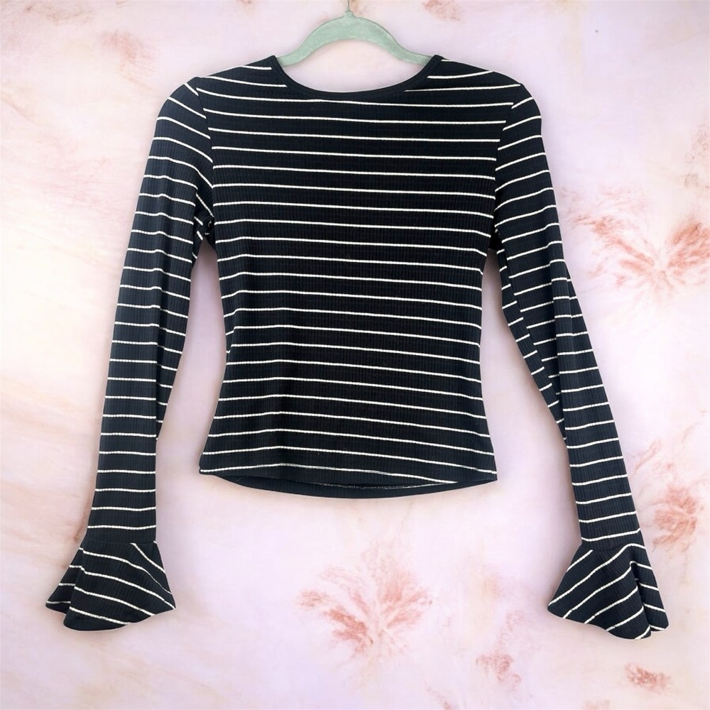 Ultra Flirt Black and White Striped Long Sleeve Top Ruffle Bell Sleeve Small